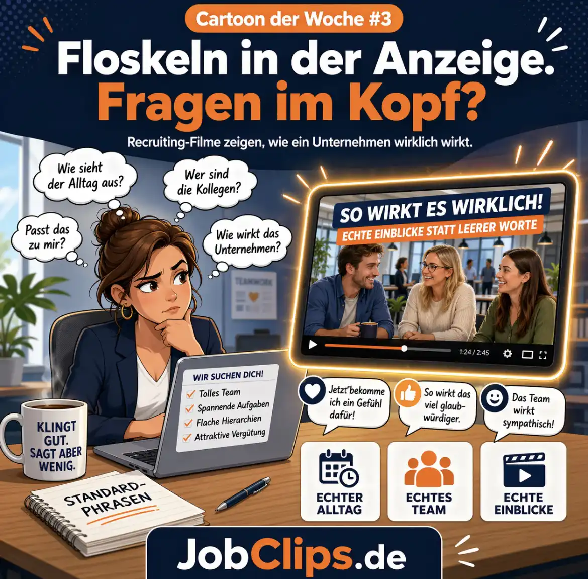 Cartoon der Woche: Floskeln in der Anzeige. Fragen im Kopf?