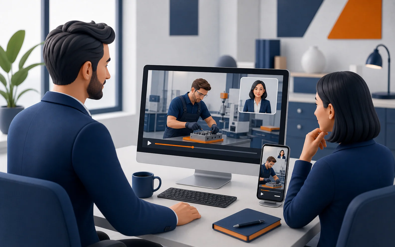 Illustration der fertigen AVACRUIT Recruiting-Filme mit realen Unternehmensszenen und Avatar-Moderation