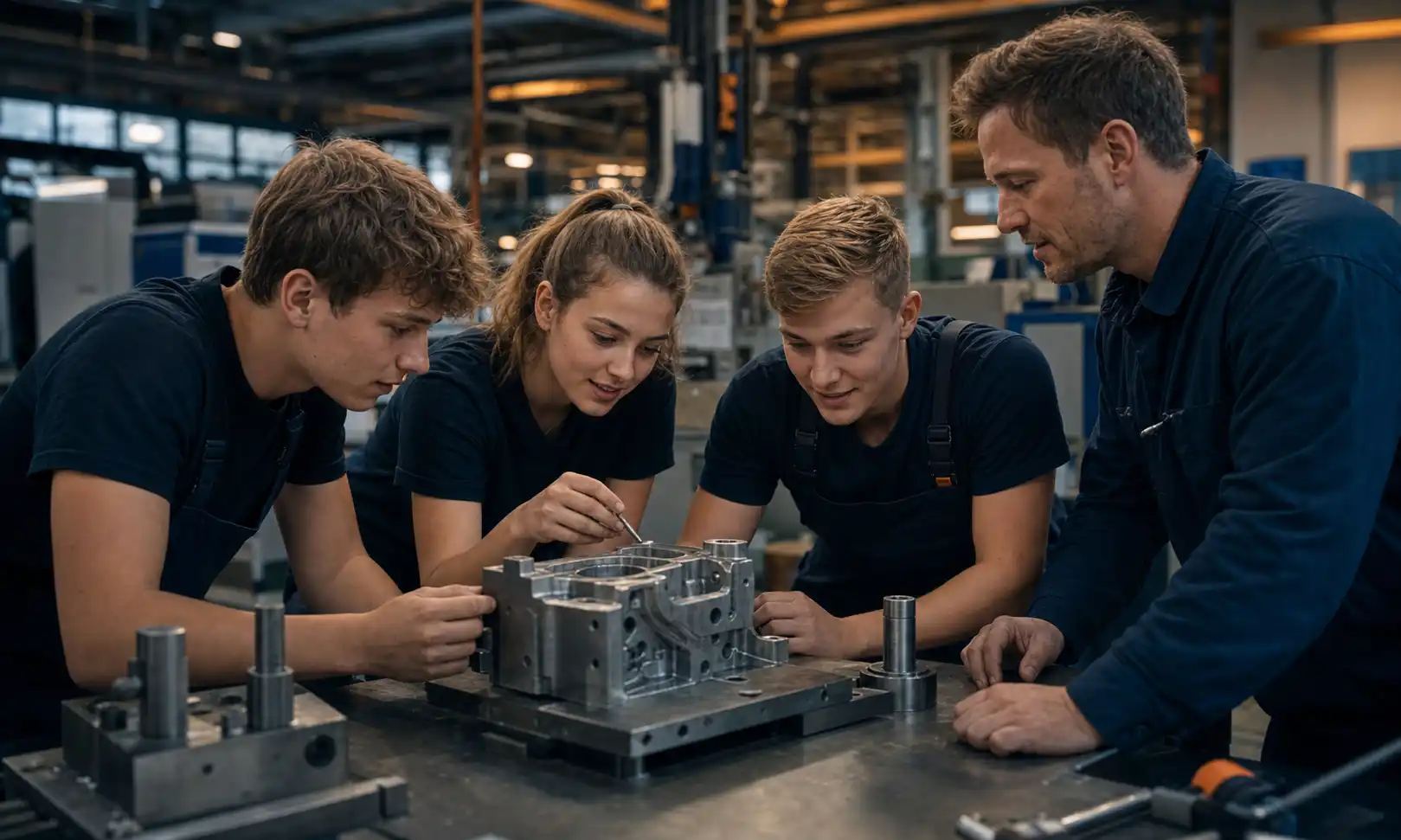 Auszubildende lernen gemeinsam mit ihrem Ausbilder an einem technischen Werkstück