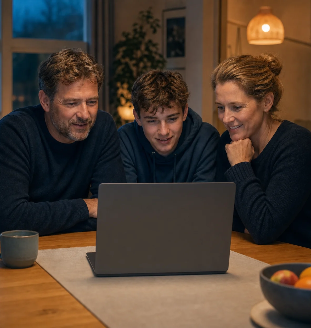 Eltern und ein Jugendlicher sehen gemeinsam einen Film über eine Ausbildung